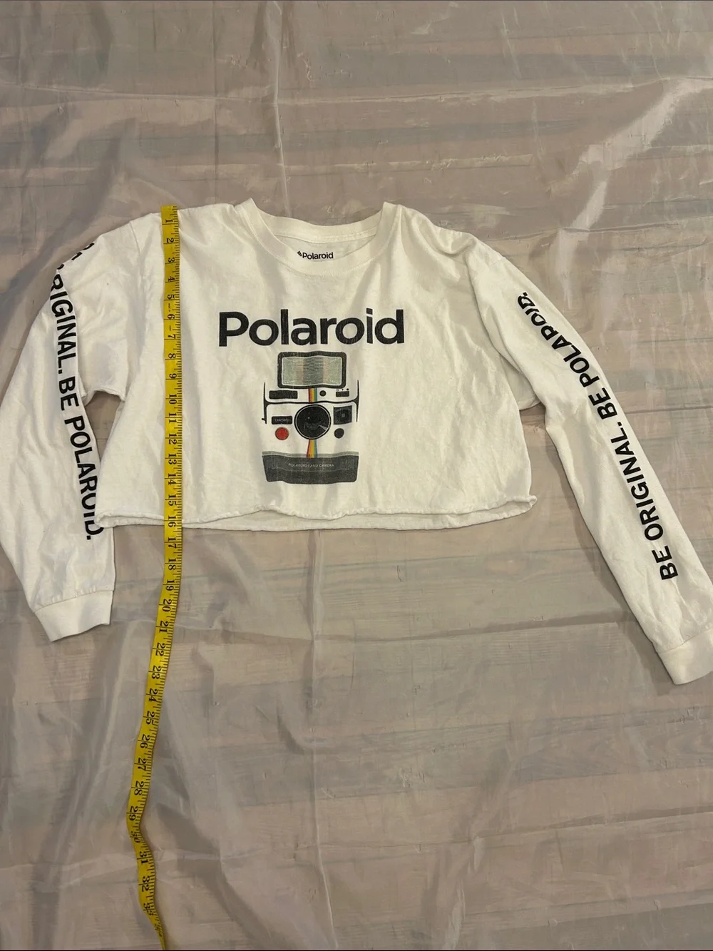 Polaroid White Long-Sleeve Crop Top with Camera Graphic